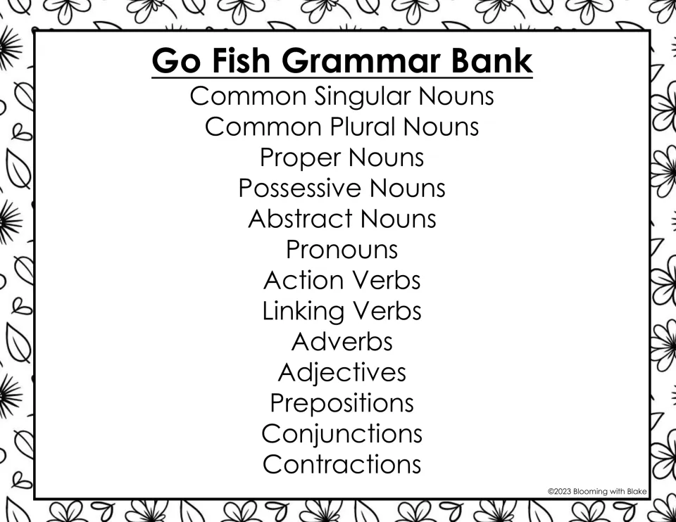 Full-page grammar bank lists 13 categories, including five noun types, pronouns, verbs, and contractions