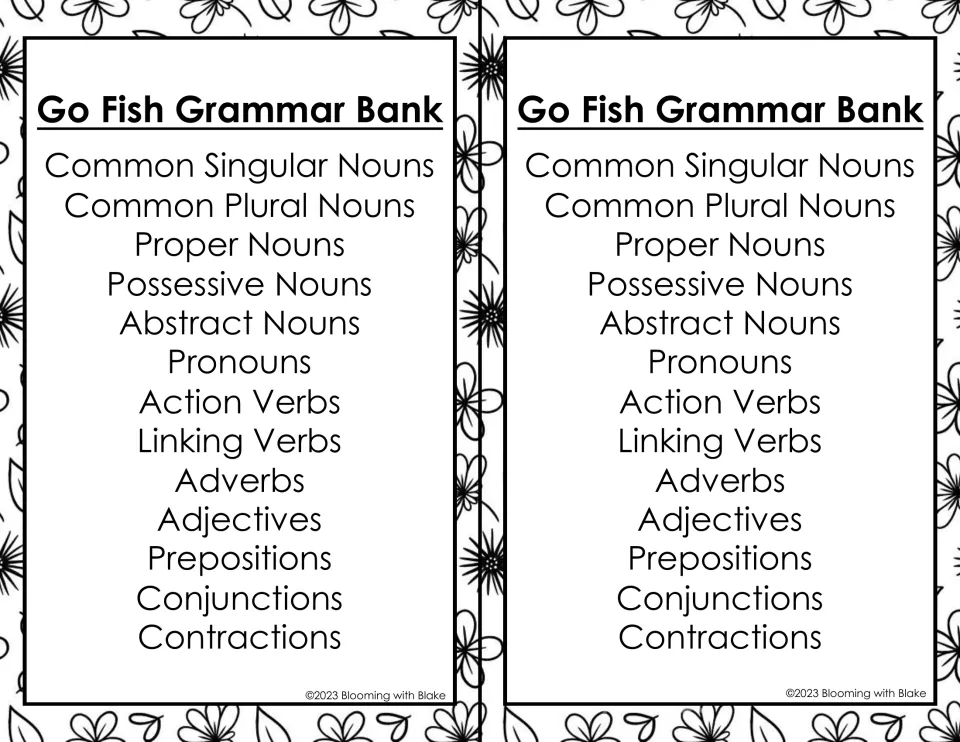 Two half-page grammar banks repeat all 13 categories, from common singular nouns through contractions