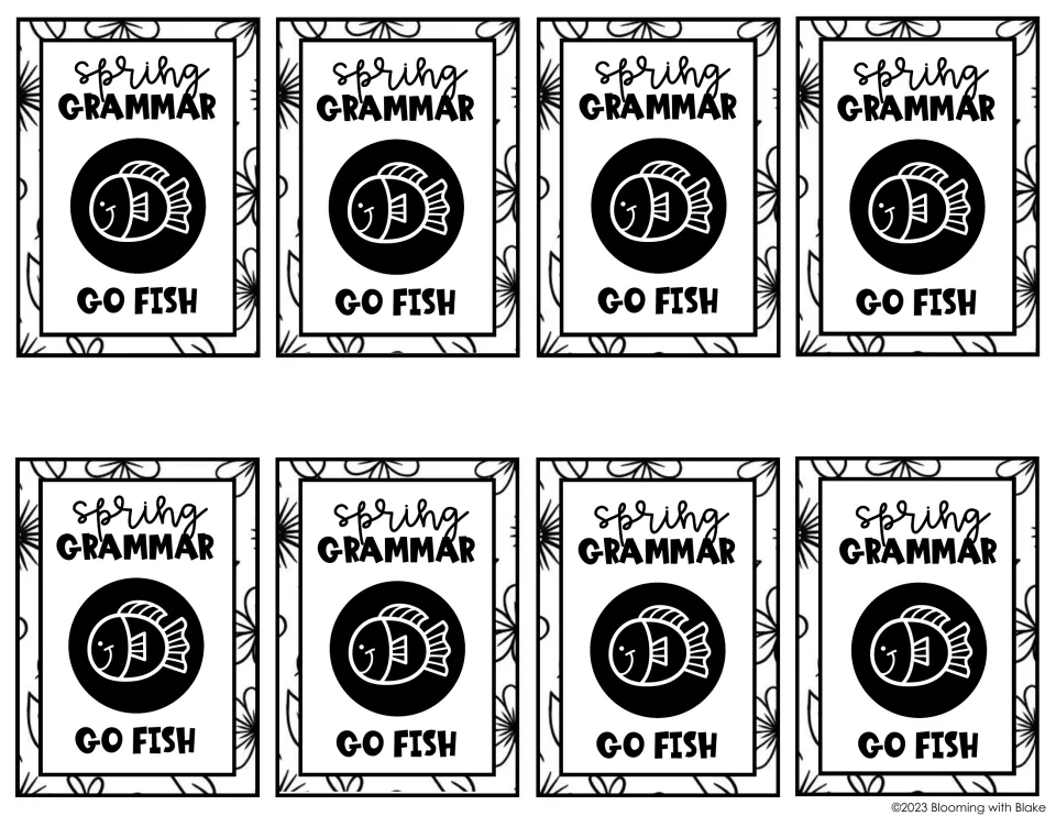 Eight matching card backs labeled “Spring Grammar Go Fish” for the printable grammar review game