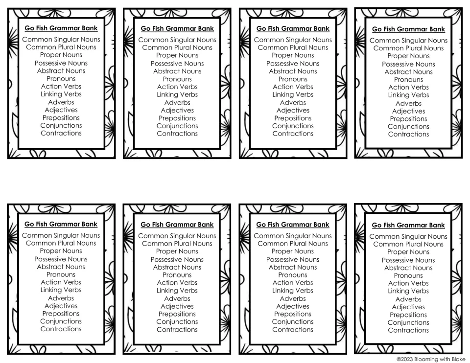 Eight card-sized grammar banks each list 13 categories, including nouns, pronouns, verbs, and adverbs