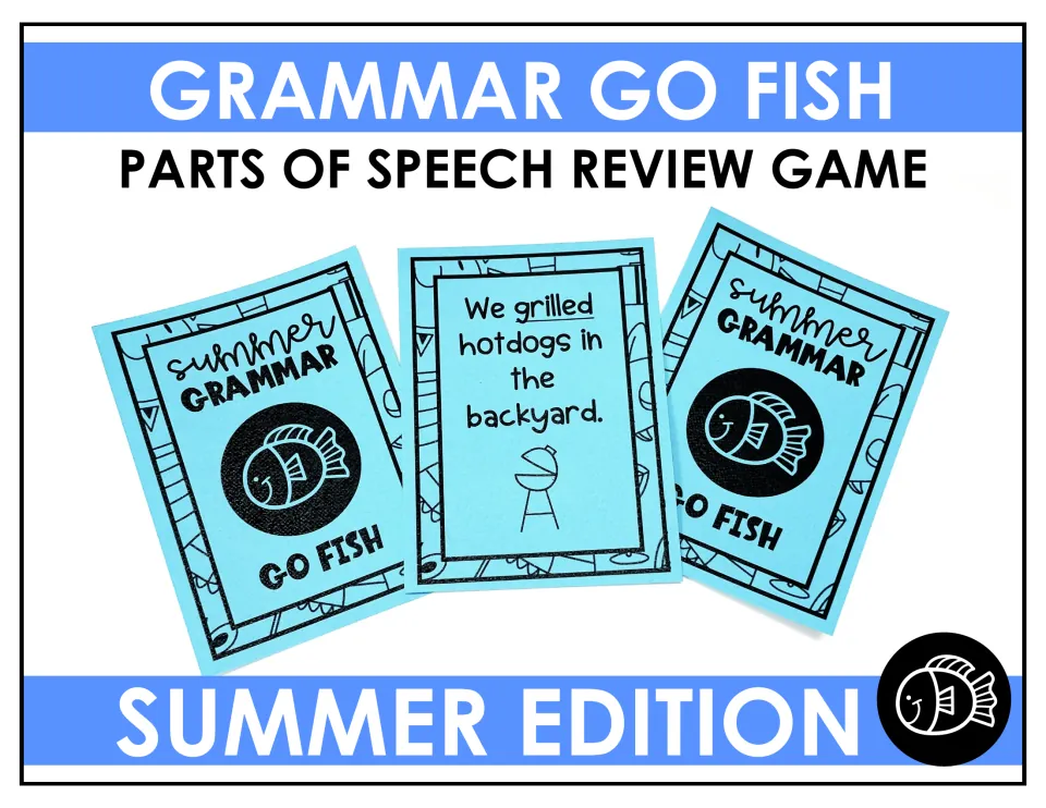 Summer grammar game cover showing sample cards, including the sentence 'We grilled hotdogs in the backyard.'