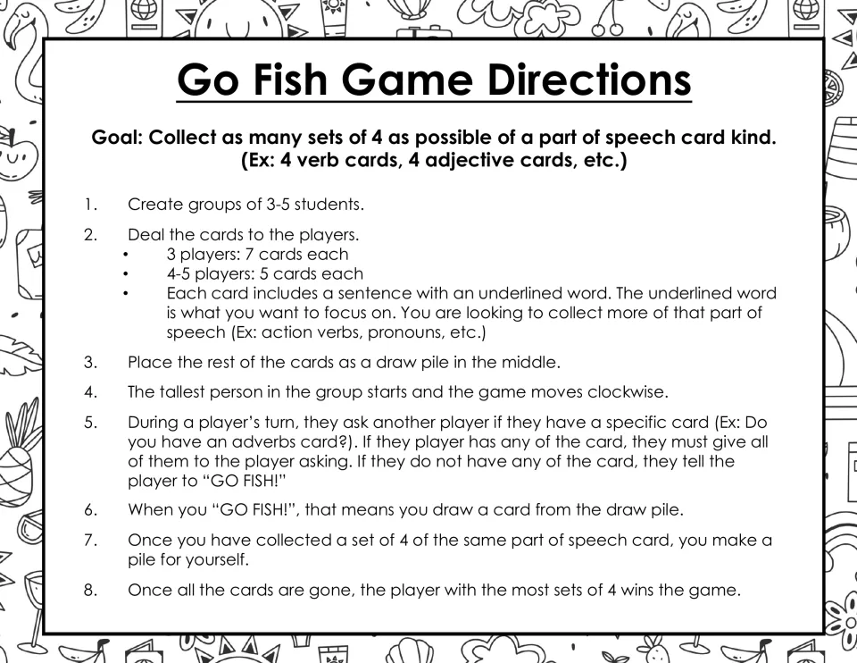 Go Fish directions for 3–5 players explain dealing, requesting grammar cards, drawing, and collecting sets of four.
