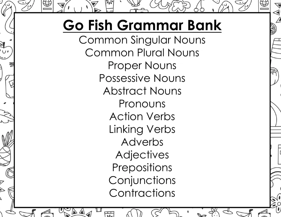 Full-page grammar bank lists 13 categories, including common singular nouns, linking verbs, and contractions.