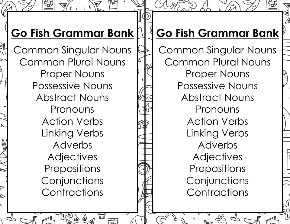 Two half-page grammar banks each list 13 categories, including possessive nouns, pronouns, and prepositions.