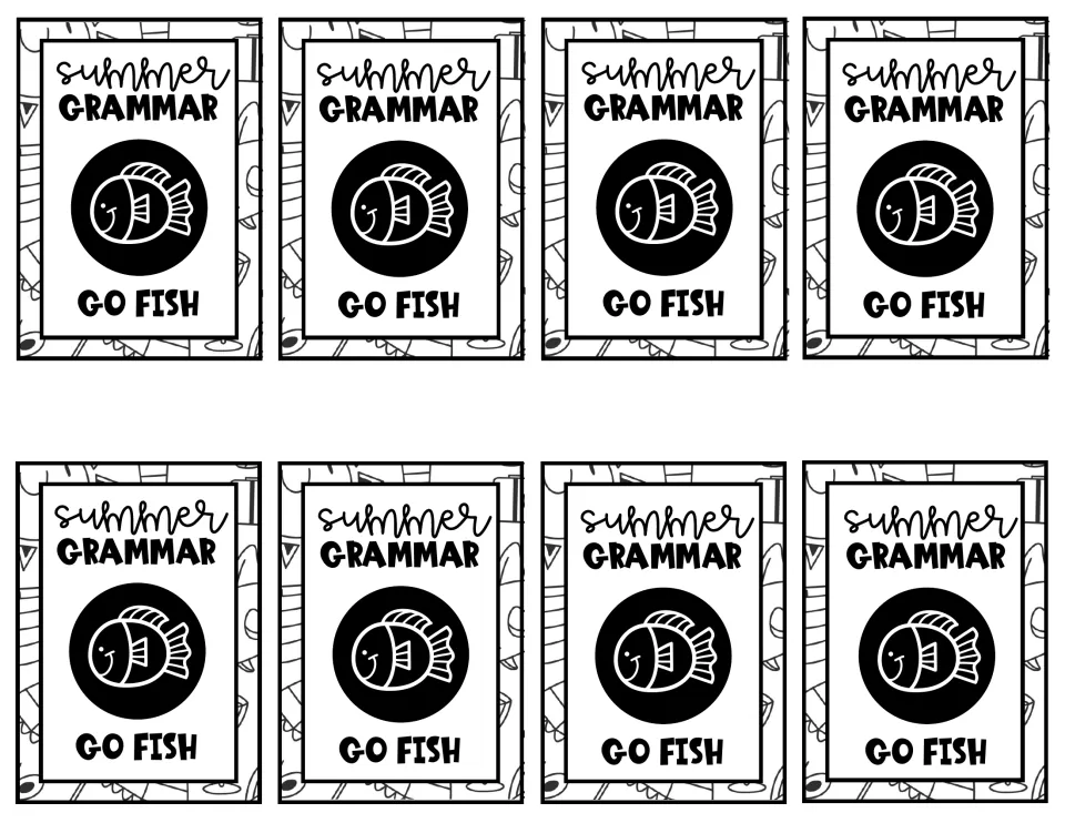 Eight matching card backs for the summer grammar Go Fish game, each labeled 'summer GRAMMAR' and 'GO FISH.'