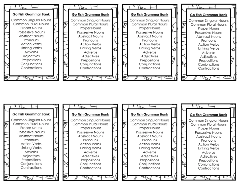 Eight card-sized grammar banks each list all 13 game categories, from common singular nouns to contractions.