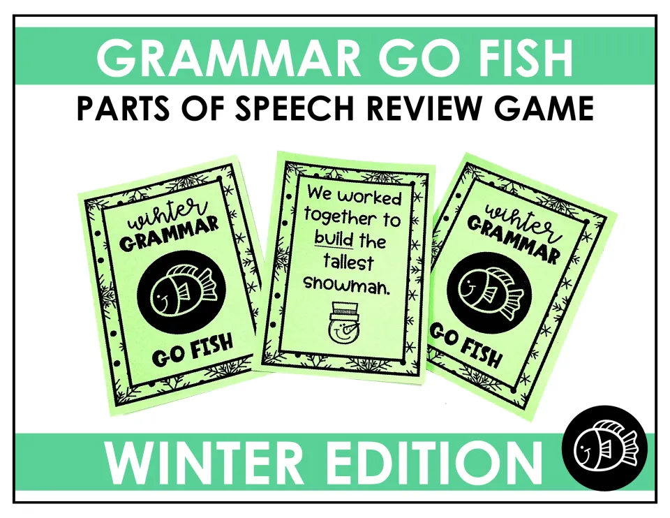 Cover of Grammar Go Fish: Parts of Speech Review Game (Winter Edition), showing sample game cards