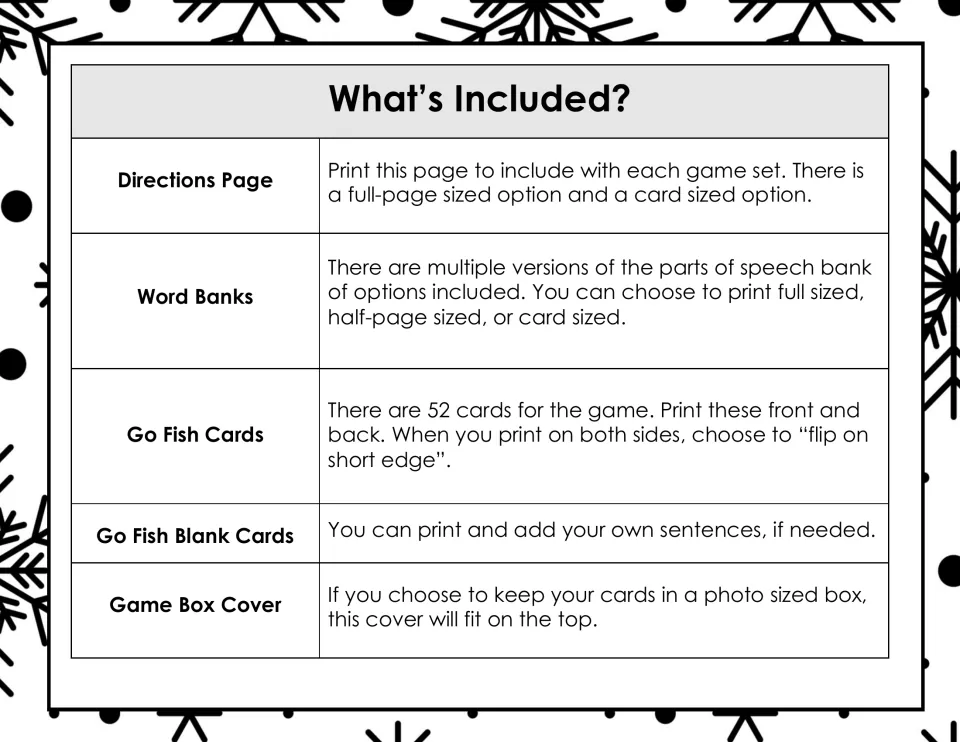 Game contents guide lists directions, word banks, 52 Go Fish cards, blank cards, and a game box cover