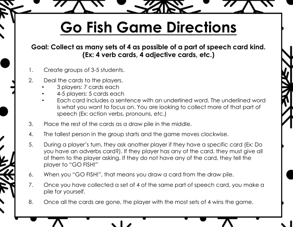 Go Fish directions for 3–5 players explain dealing, identifying underlined words, and collecting sets of four