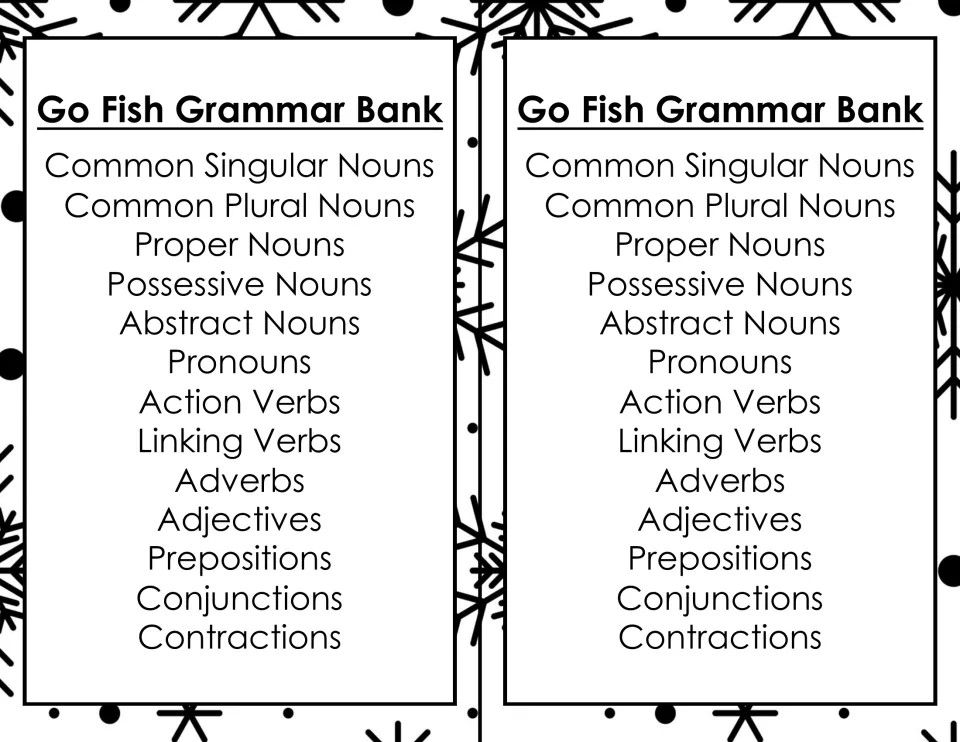 Two half-page grammar banks each list 13 categories, including proper nouns, action verbs, and adjectives