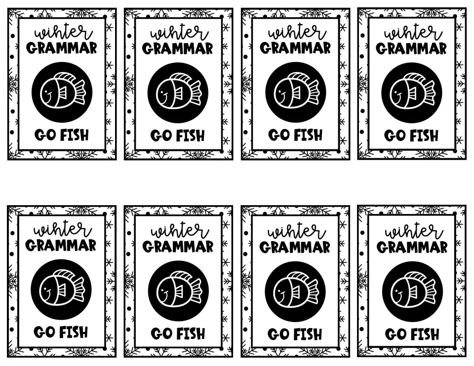 Eight matching card backs for the winter grammar game, each labeled “winter GRAMMAR” and “GO FISH”
