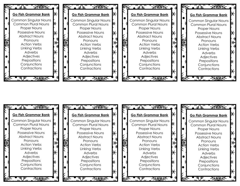 Eight card-sized grammar banks each list 13 categories, from common singular nouns through contractions