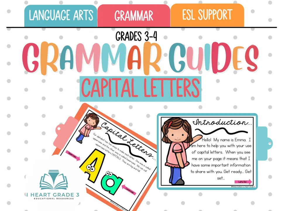 Grammar Guides Capital Letters cover, Grades 3-4, showing the Emma introduction page and an uppercase and lowercase A page