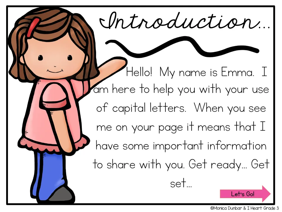Introduction: Emma, a cartoon guide, greets students and says she will share key information on using capital letters