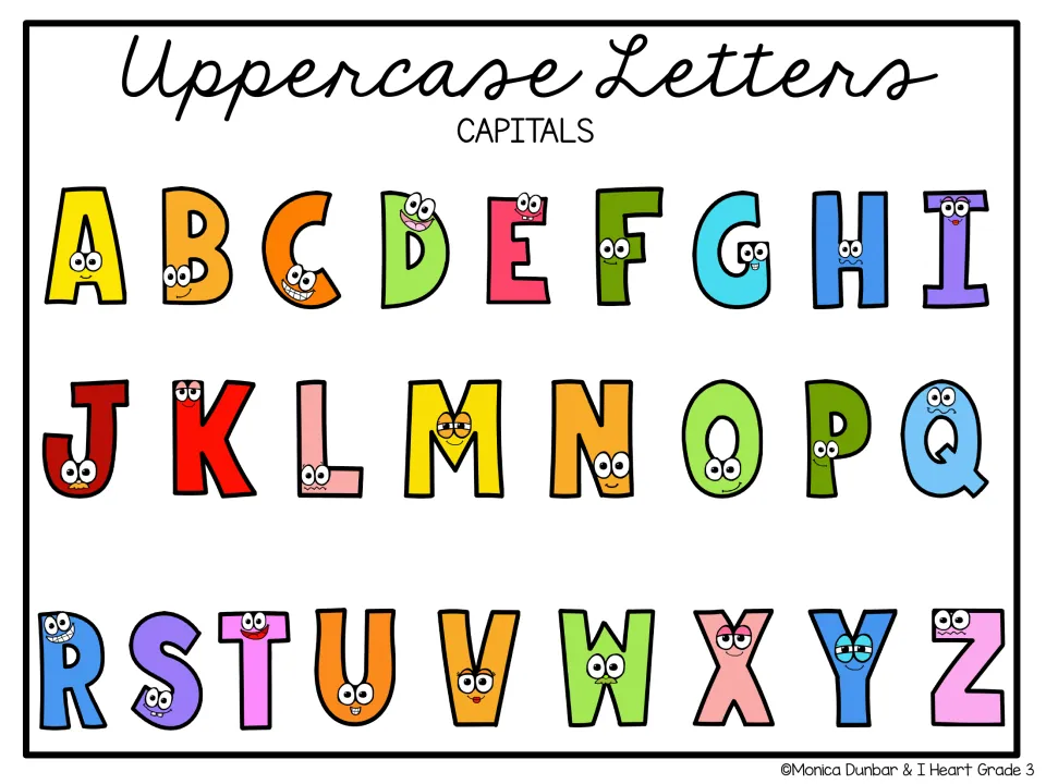 Uppercase alphabet chart: all 26 capital letters A to Z drawn as colorful characters with faces, titled Uppercase Letters