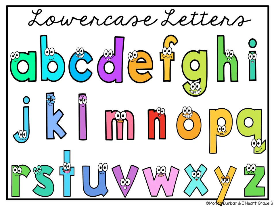 Lowercase alphabet chart: all 26 small letters a to z shown as colorful cartoon characters, for comparing with the capitals