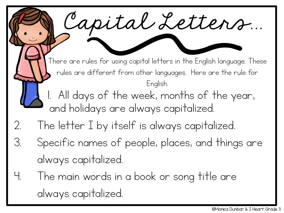 Capitalization rules: days, months, holidays, the word I, specific names of people and places, and main words in titles