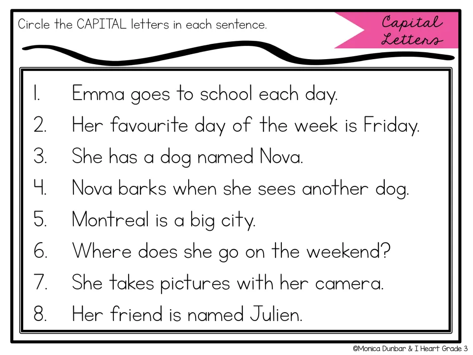 Identifying capital letters: students circle every capital in 8 sentences about Emma, her dog Nova, Montreal and her friend