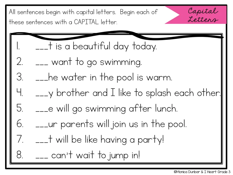 Sentence beginnings: students write the missing capital letter to start each of 8 sentences about swimming in the pool