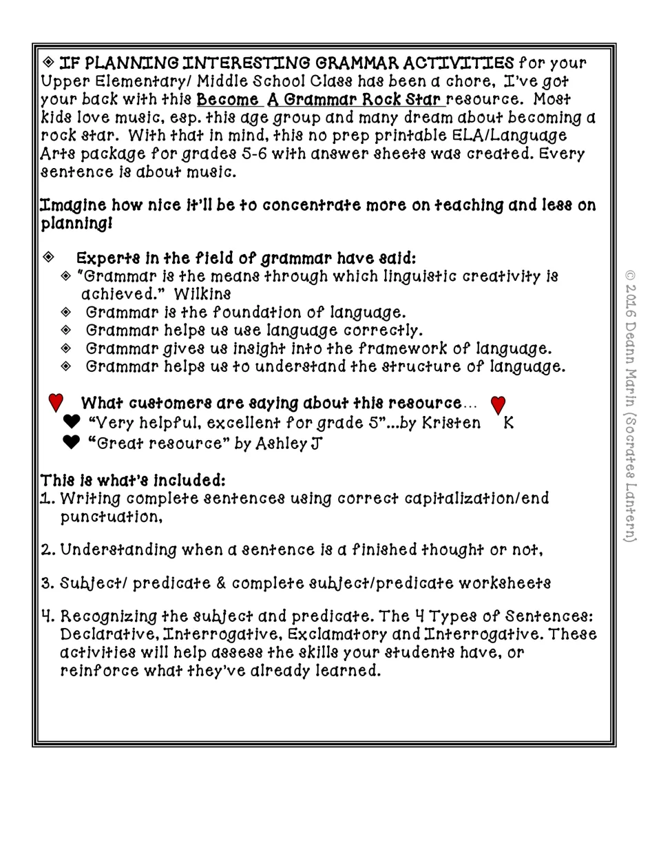 Grammar packet overview lists complete sentences, capitalization, punctuation, subjects, and predicates