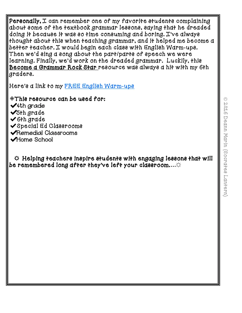 Teacher introduction describes using the grammar packet with sixth graders and lists classroom settings