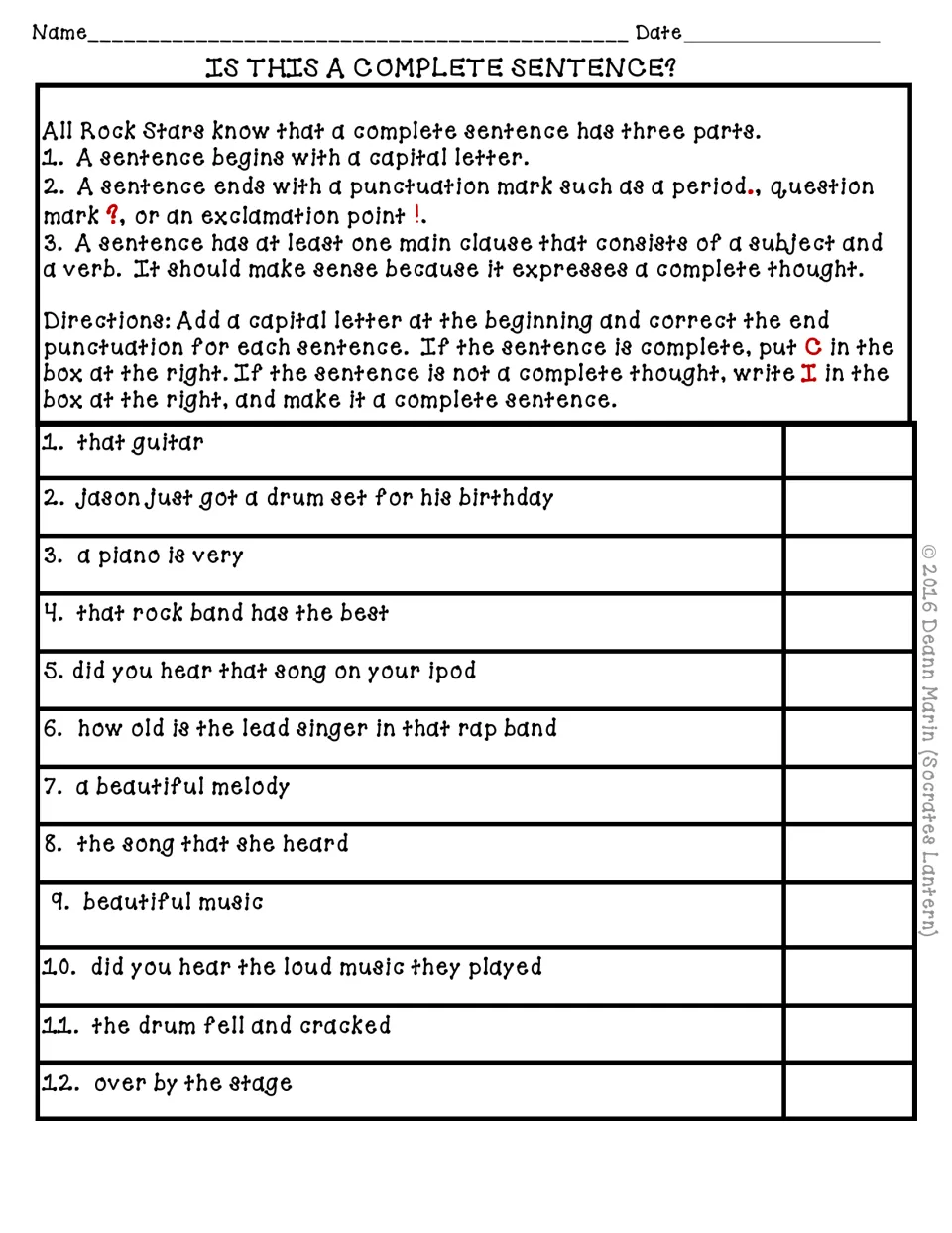 Complete-sentence practice has 12 music-themed items to classify, capitalize, punctuate, and complete