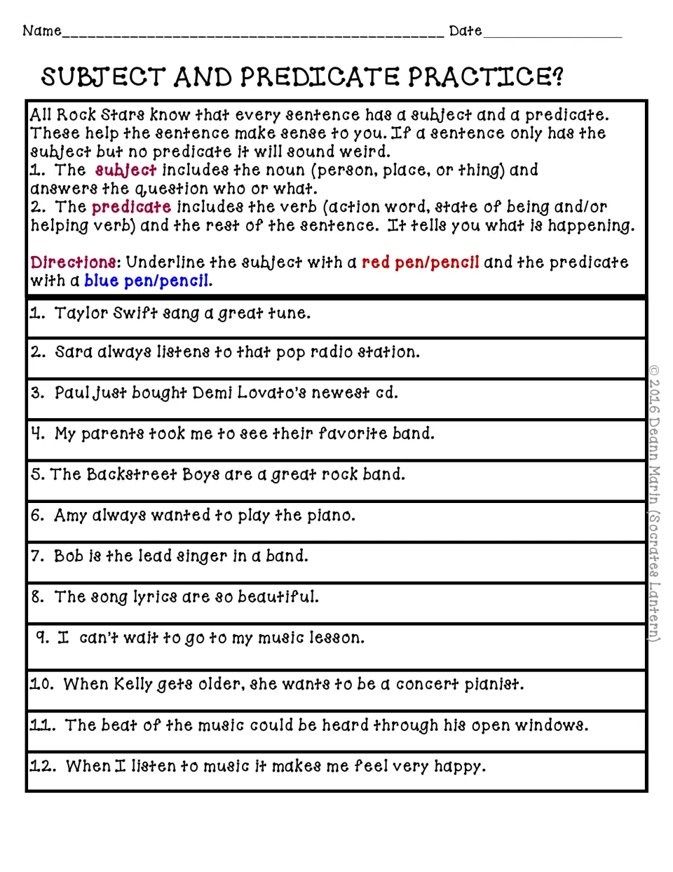 Subject and predicate practice uses 12 music sentences, including “Taylor Swift sang a great tune.”