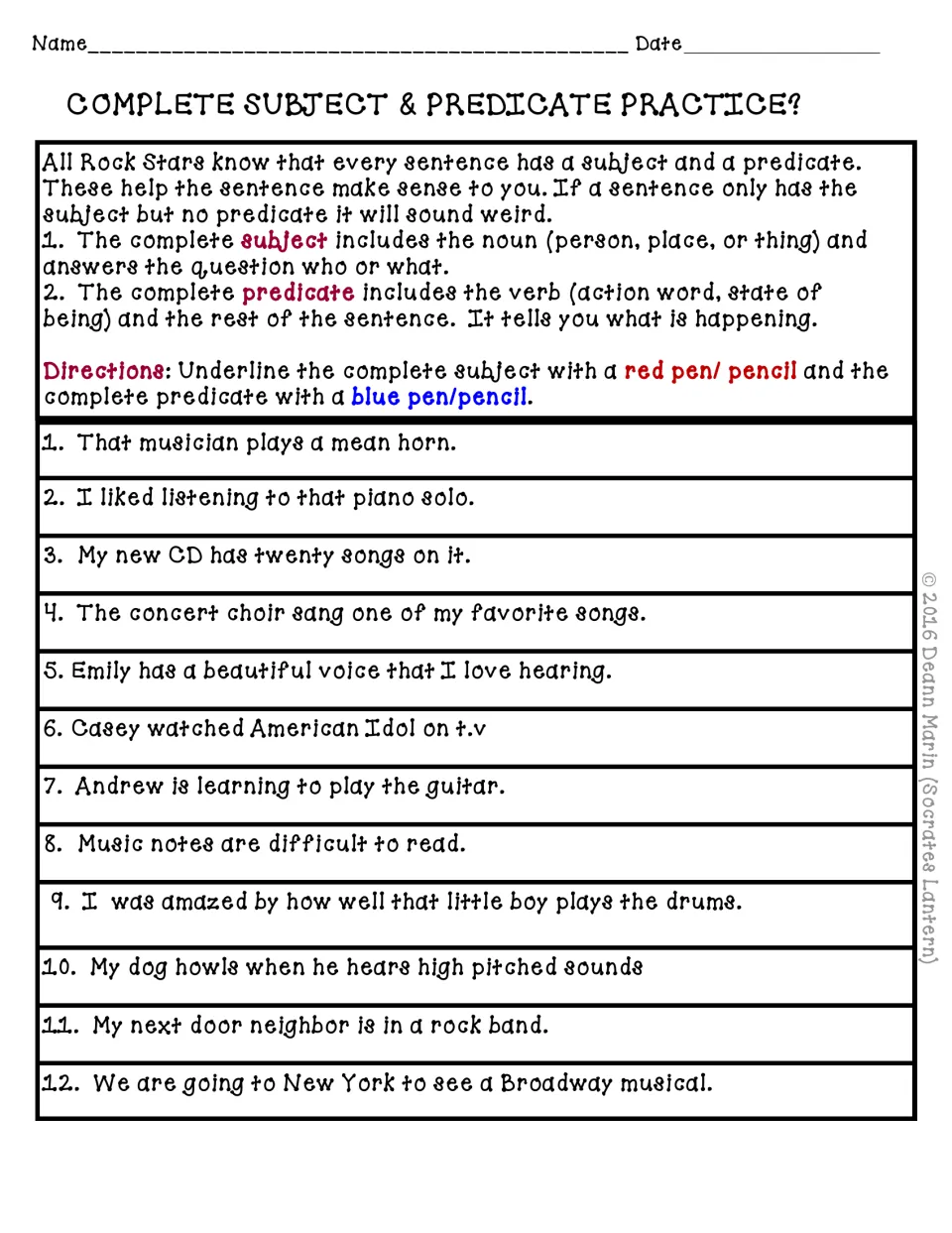 Complete subject and predicate practice has 12 sentences, including “That musician plays a mean horn.”