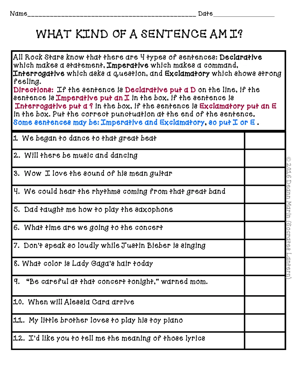 Sentence-type practice items 1–12 ask students to classify music-themed sentences and add end punctuation