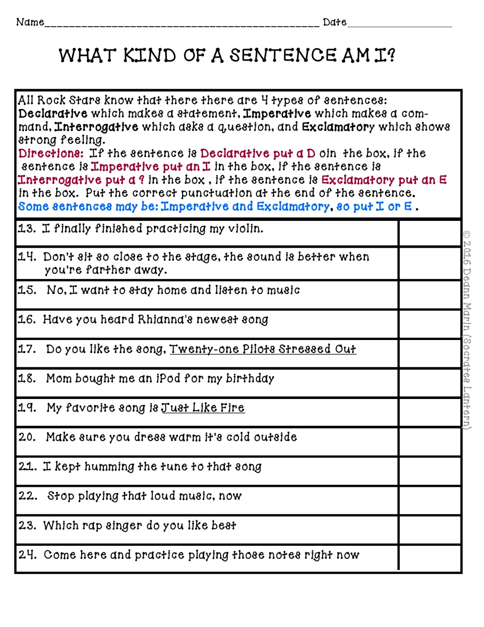 Sentence-type practice continues with items 13–24 about violin practice, concerts, songs, and music