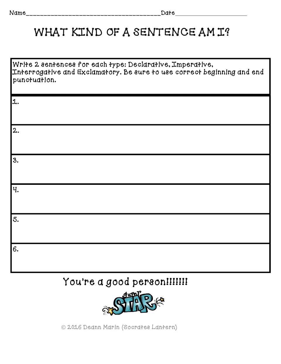 Sentence-writing activity asks for two examples each of declarative, imperative, interrogative, and exclamatory