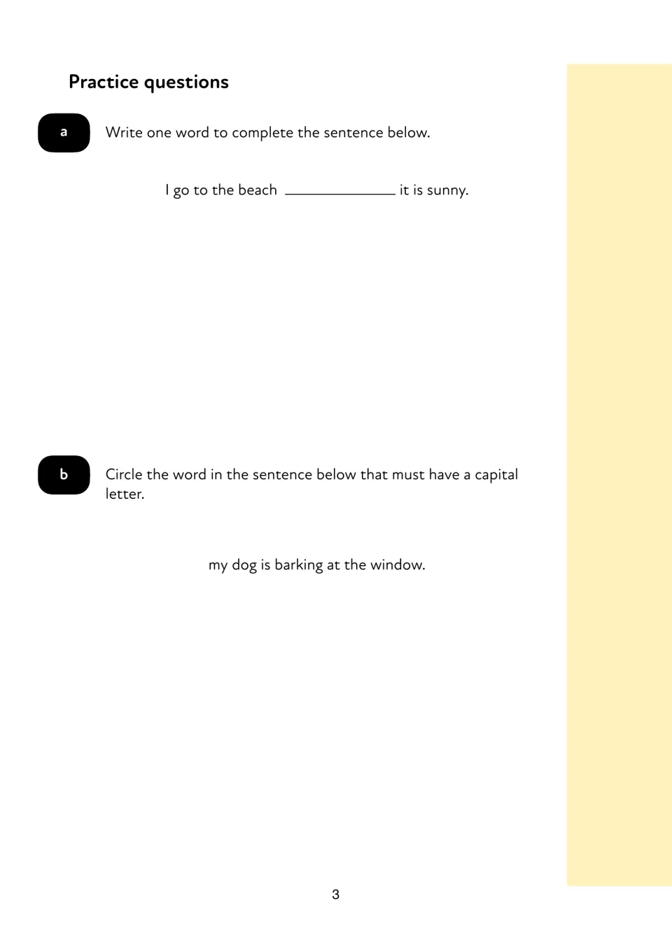 Practice questions: pupils write one word to finish a beach sentence and circle the word that needs a capital letter