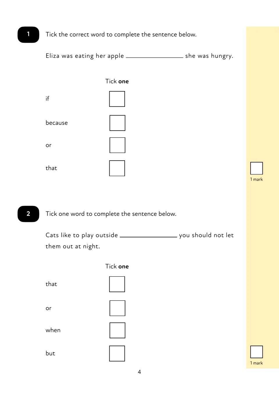 Conjunctions: pupils tick if, because, or, that, when or but to complete sentences about Eliza's apple and cats at night