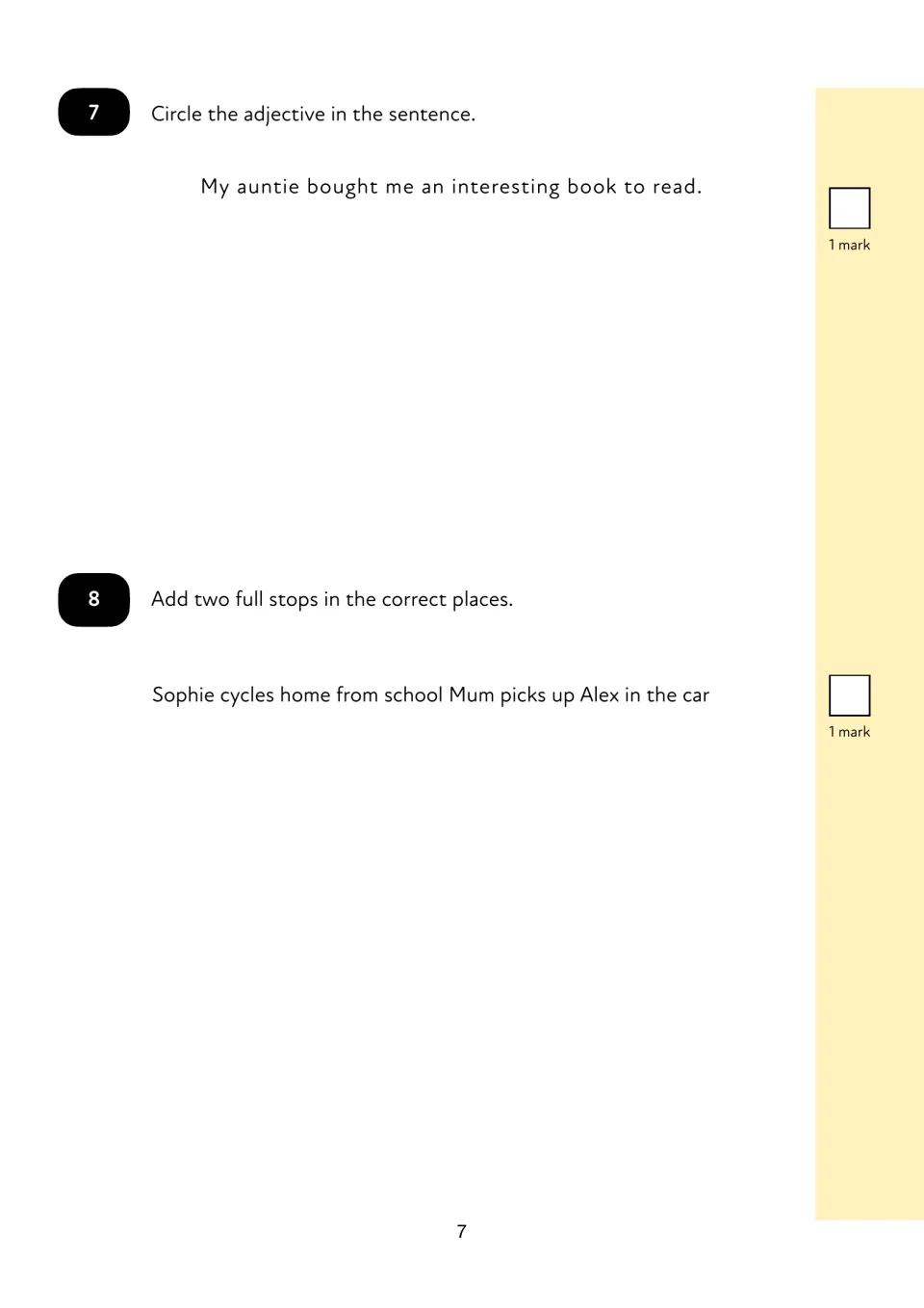 Adjectives and full stops: pupils circle the adjective in a book sentence, then add two full stops to a run-on line
