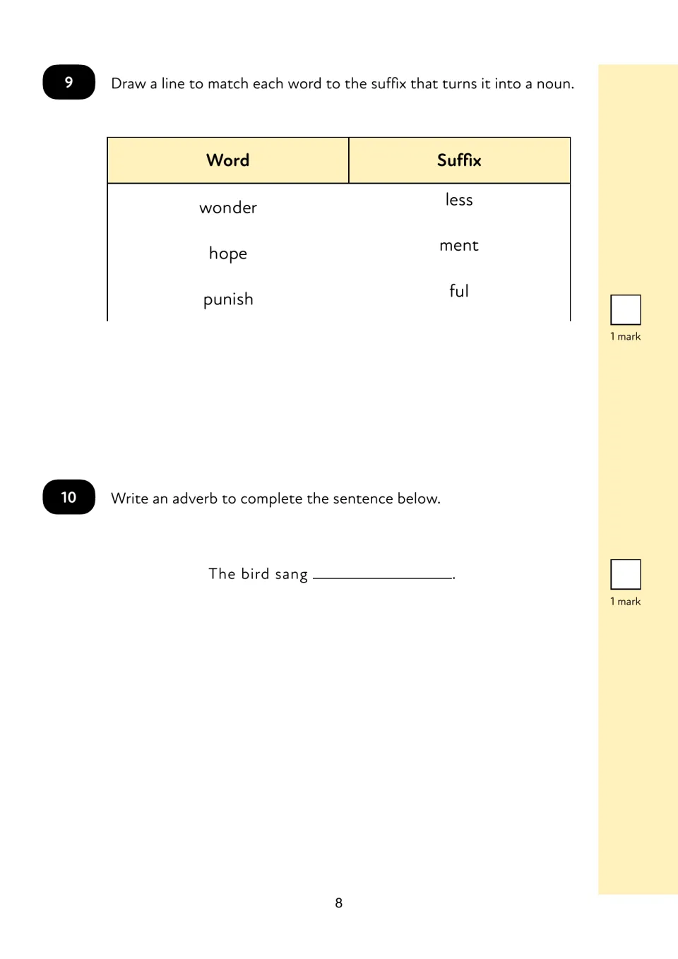 Suffixes and adverbs: pupils match wonder, hope and punish to -less, -ment or -ful to make nouns, then write an adverb