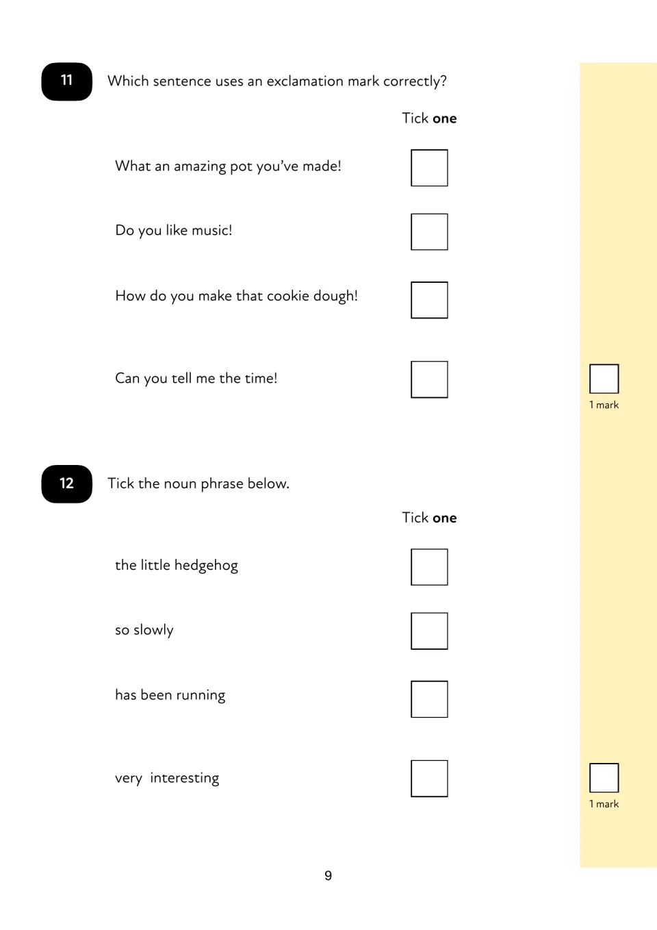 Exclamation marks and noun phrases: pupils tick the sentence that uses '!' correctly, then choose the noun phrase