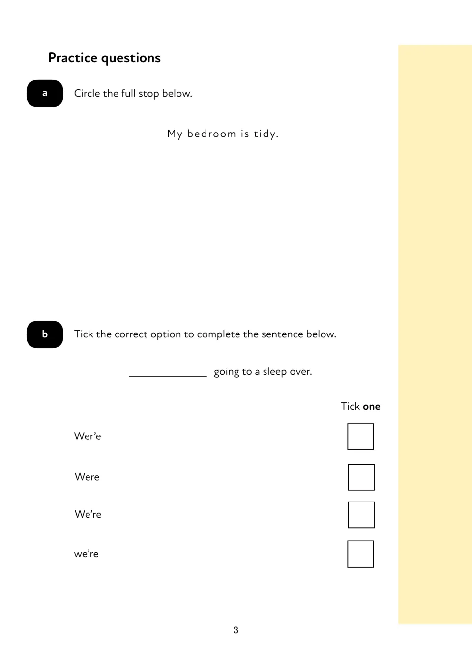Practice questions: students circle the full stop in 'My bedroom is tidy.' and choose a contraction to fill a gap