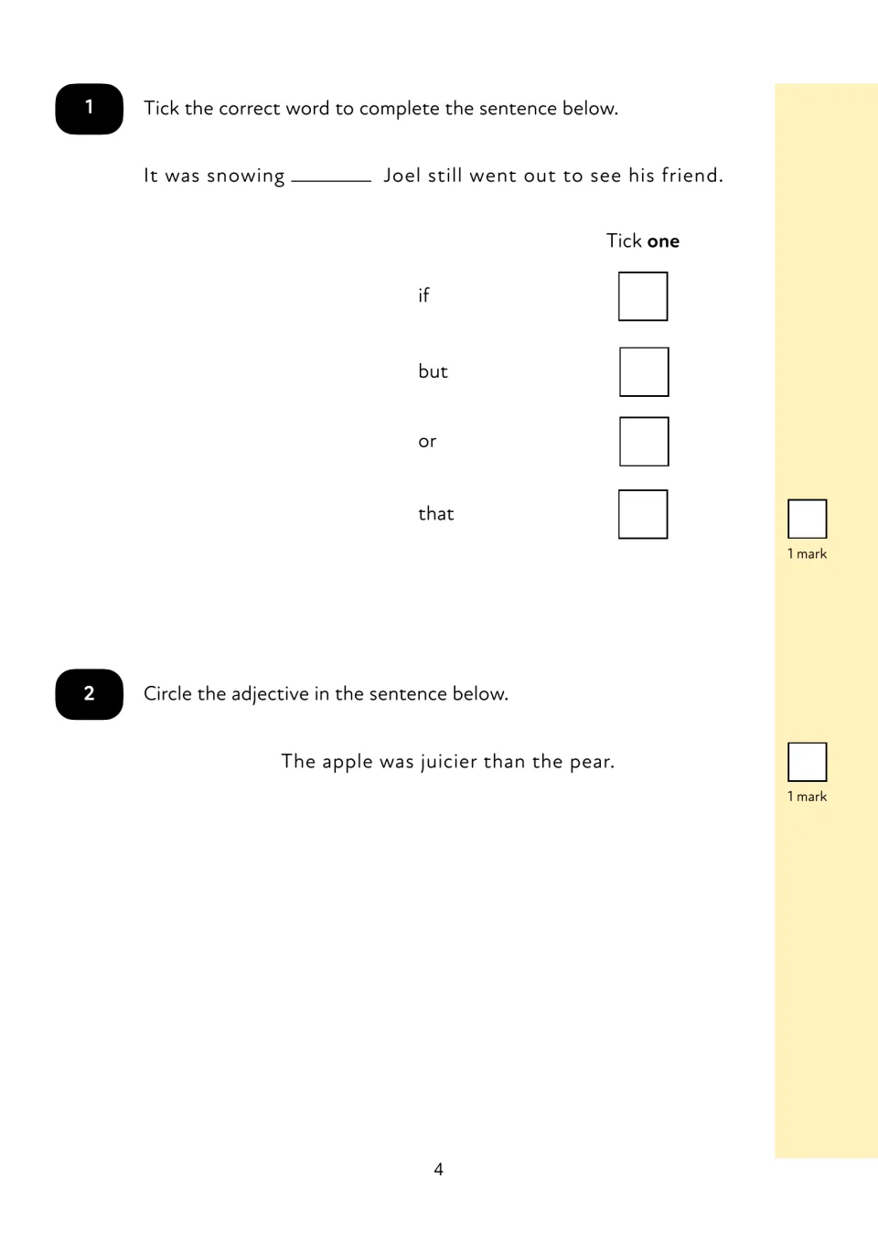 Questions 1-2: students pick a conjunction (if, but, or, that) for a gap and circle the adjective in an apple sentence