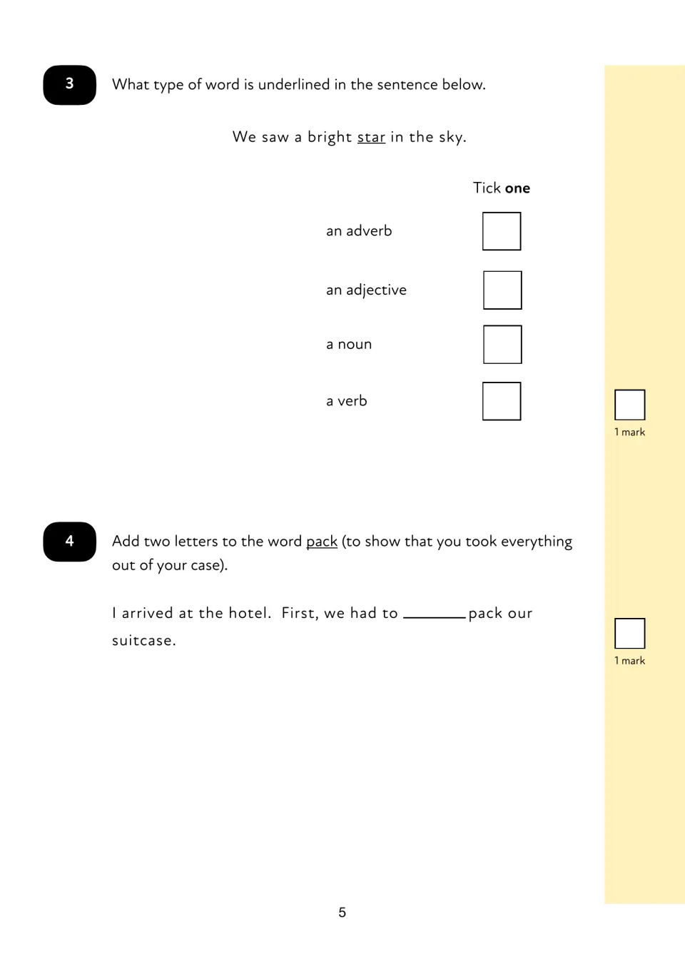 Questions 3-4: students identify the word class of the underlined word star and add a two-letter prefix to the word pack