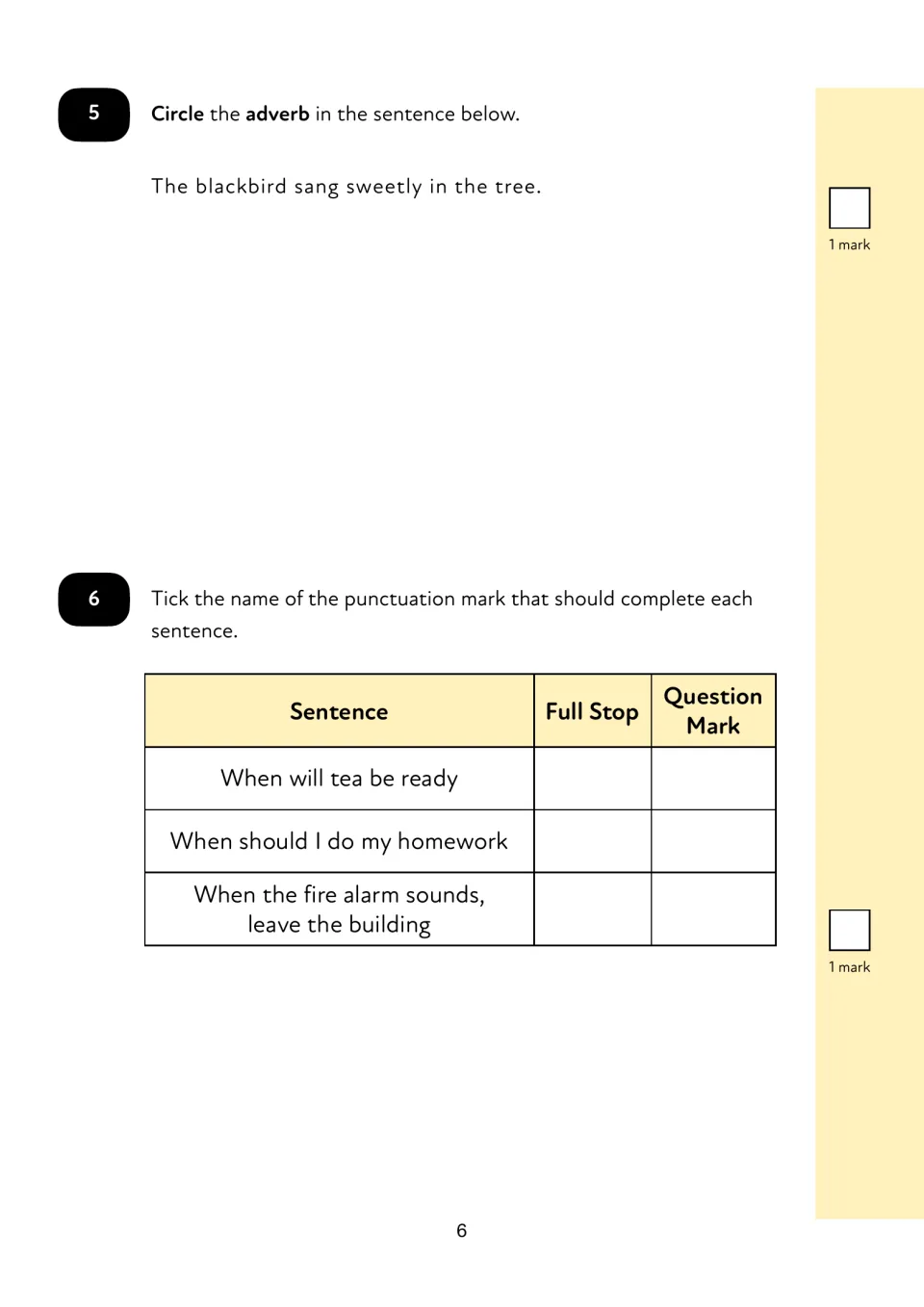 Questions 5-6: students circle the adverb in a blackbird sentence and tick full stop or question mark for three sentences