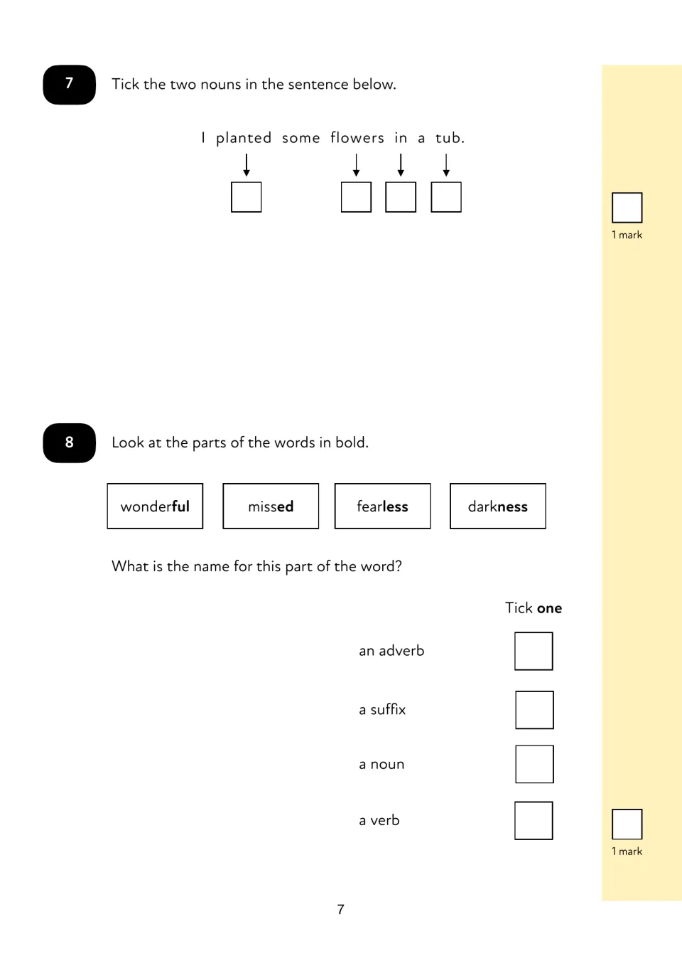 Questions 7-8: students tick two nouns in 'I planted some flowers in a tub' and name bold endings -ful, -ed, -less, -ness