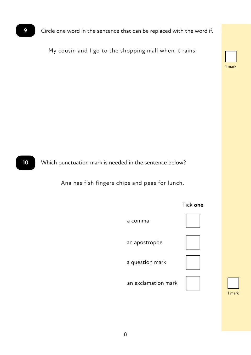 Questions 9-10: students circle the word that could be replaced with if, then pick the mark missing from a list of foods
