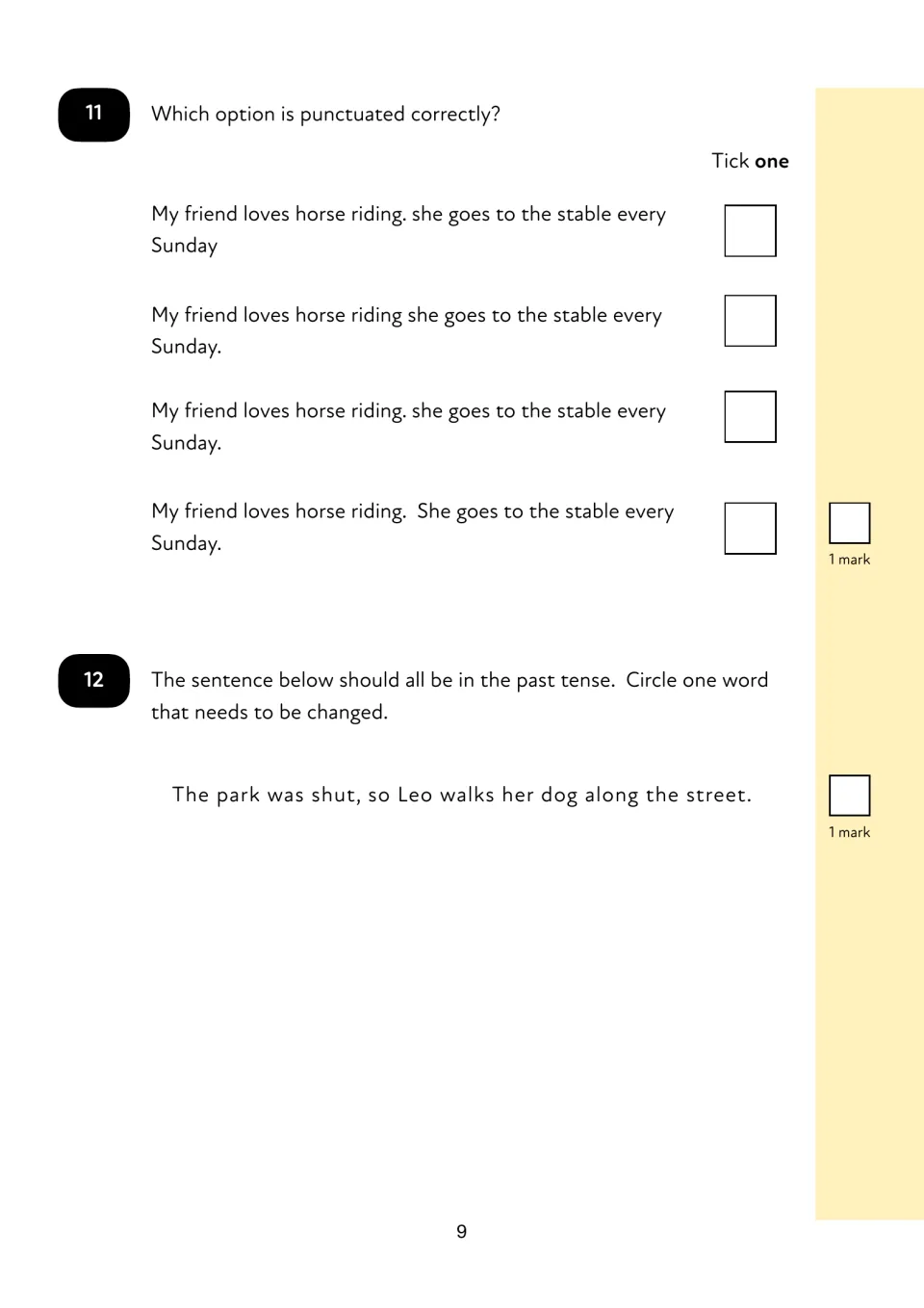 Questions 11-12: students tick the correctly punctuated horse riding sentences and circle the verb that breaks past tense