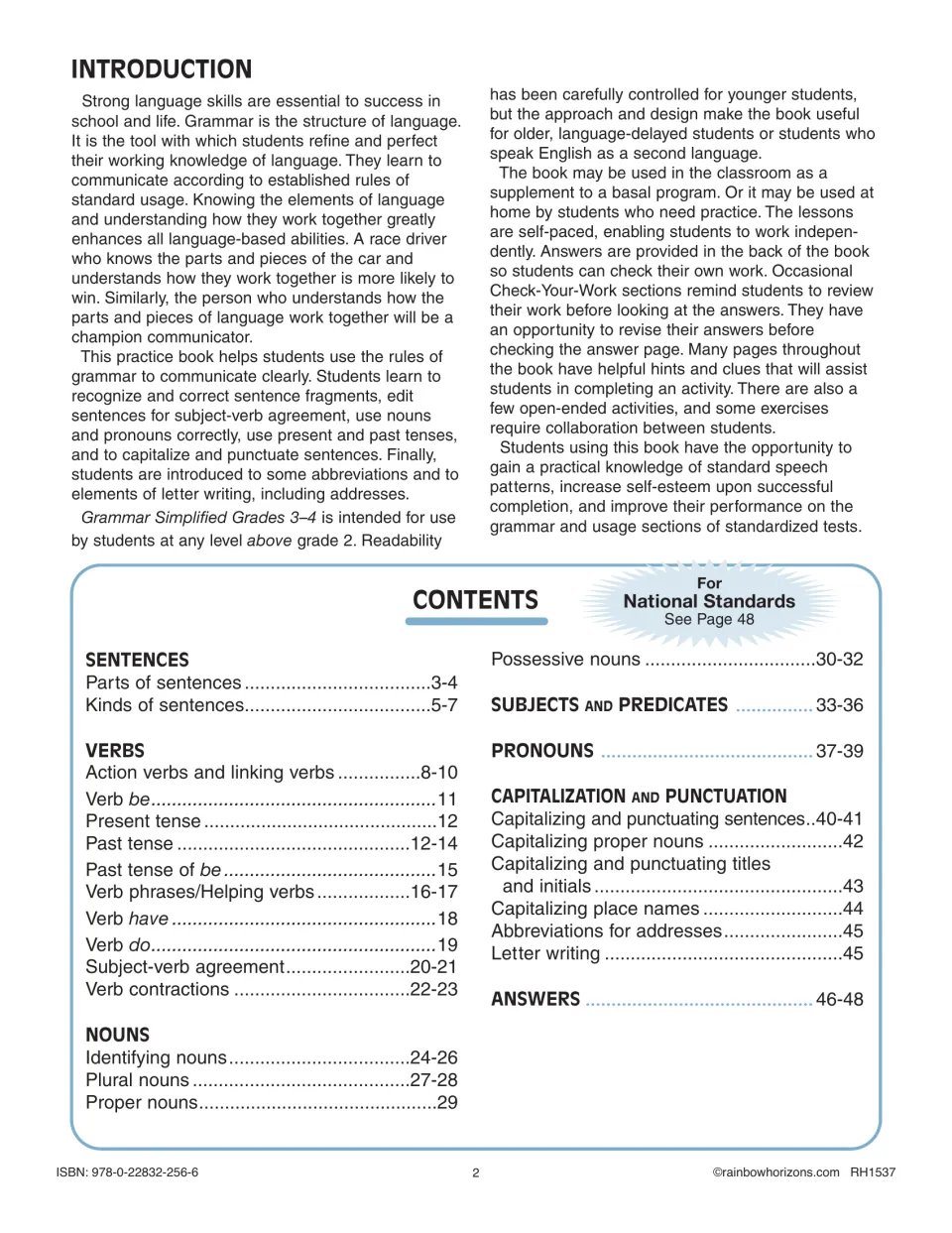 Introduction and contents for the grammar book, listing sentence, verb, noun, and pronoun lessons