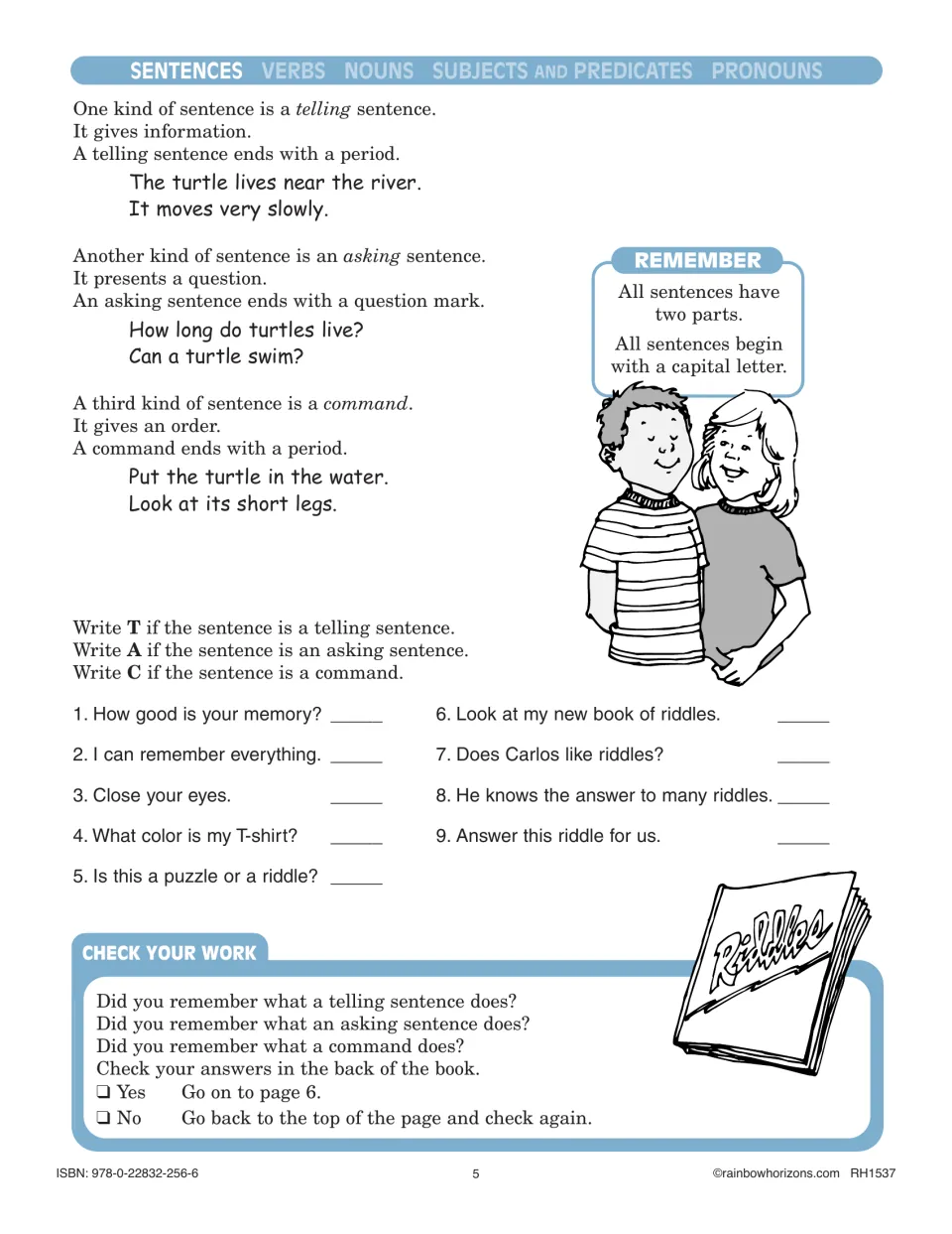 Sentence types lesson explaining telling, asking, and command sentences, with nine classification items