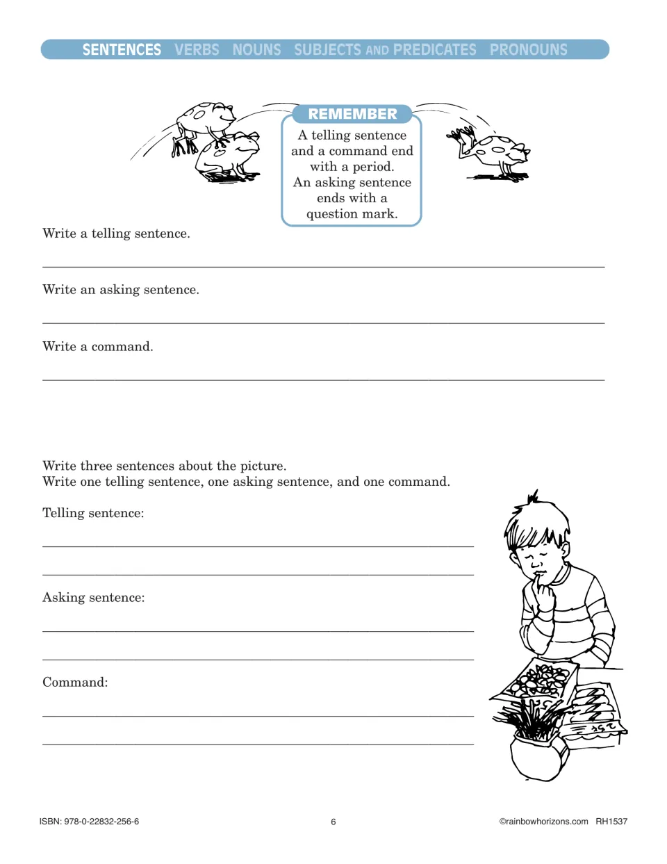 Sentence writing practice for telling, asking, and command sentences, including prompts about a boy shopping