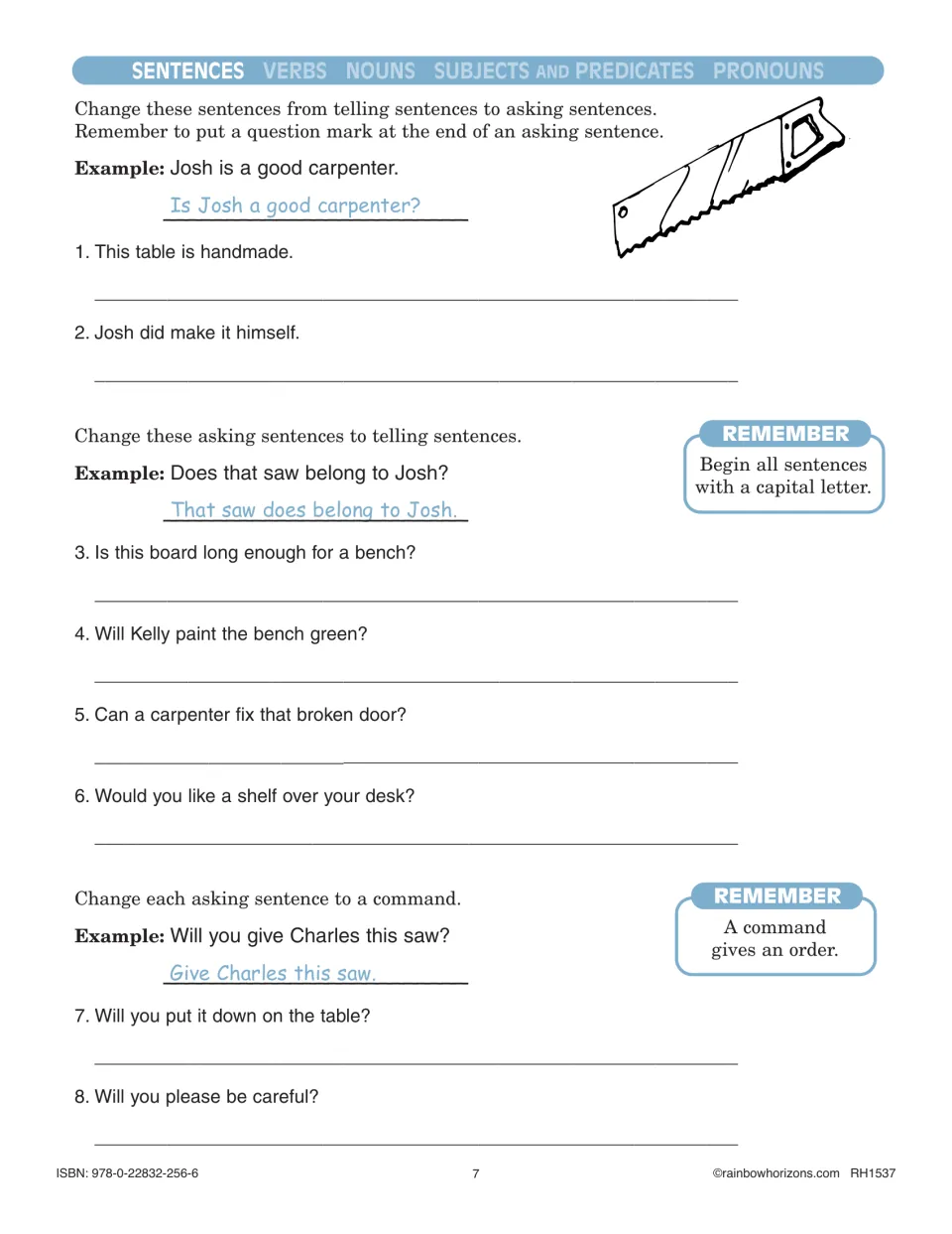 Sentence conversion practice changing statements to questions, questions to statements, and questions to commands