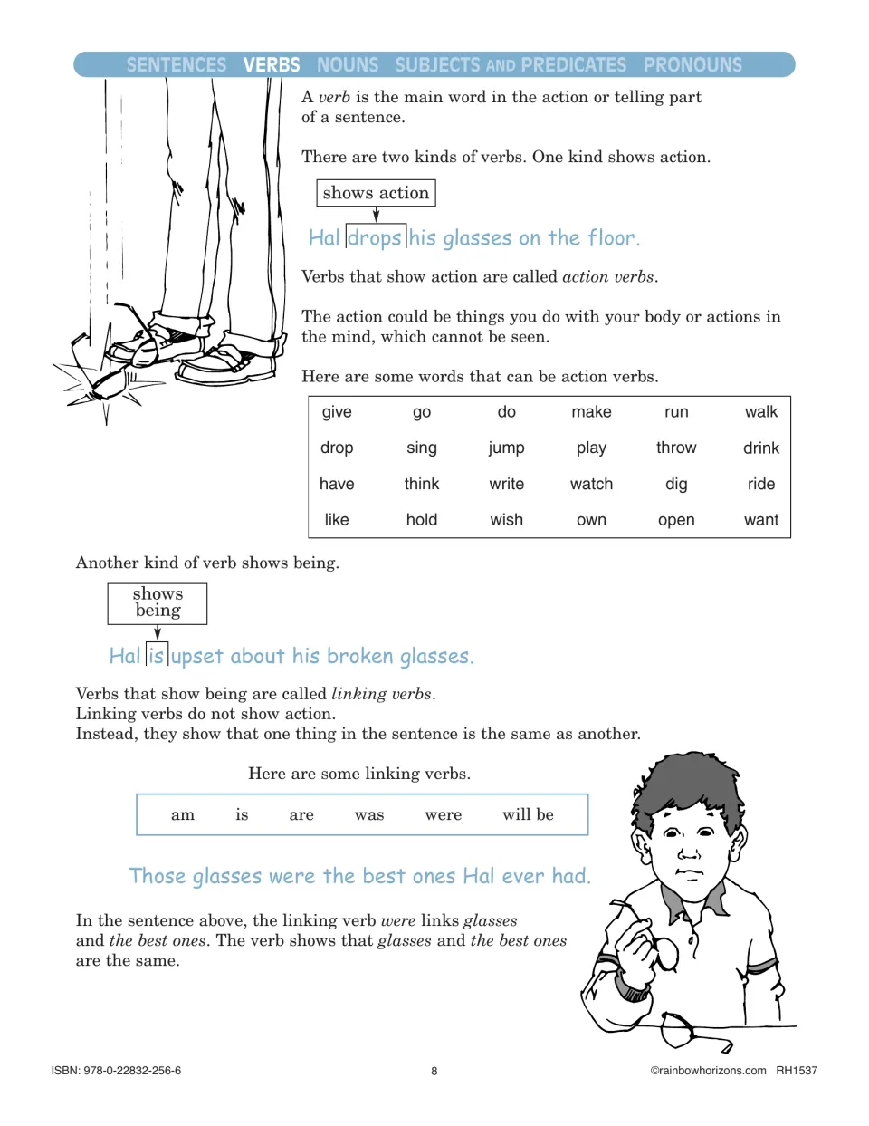 Verb lesson explaining action and linking verbs through examples about Hal dropping and breaking his glasses