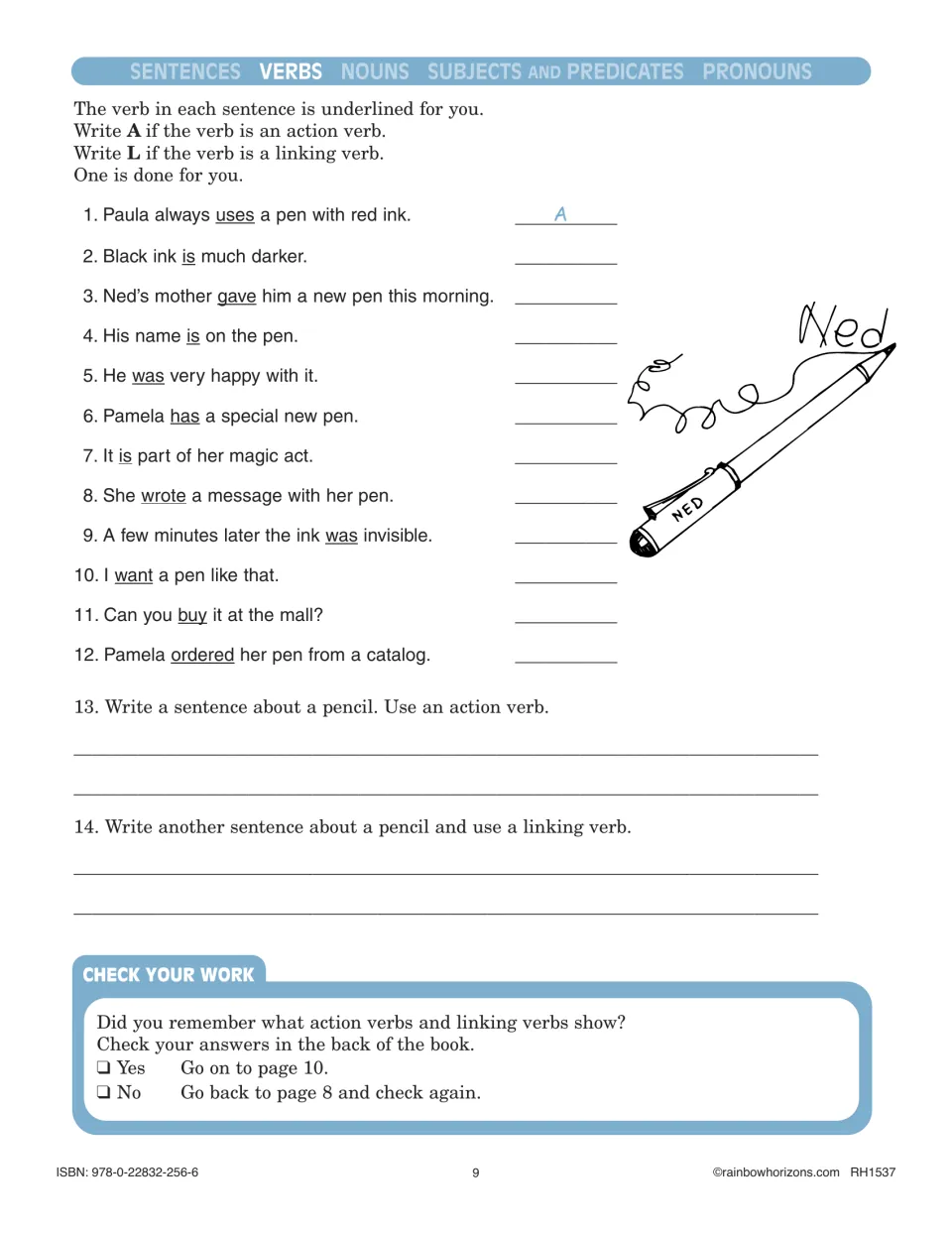 Verb practice classifying 12 underlined verbs as action or linking, then writing two sentences about a pencil