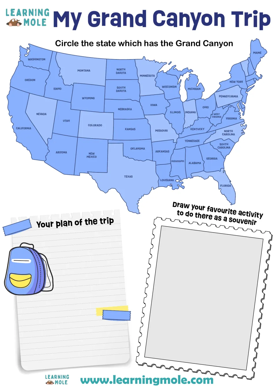 My Grand Canyon Trip: students circle the Grand Canyon's state on a US map, write a trip plan and draw a souvenir